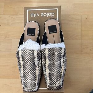 Dolce Vita Black and Cream Snakeskin Mules